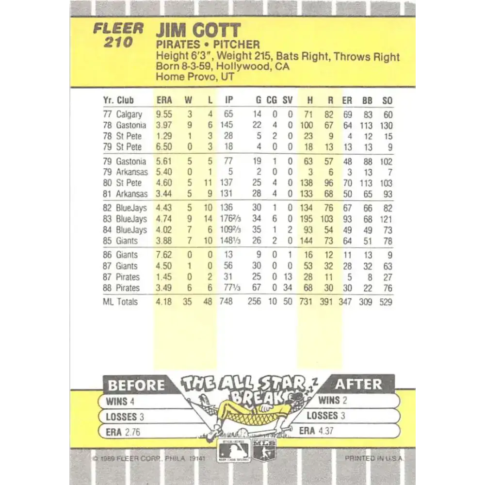 1989 Fleer #210 Jim Gott EX Excellent Pittsburgh Pirates Baseball Card - Baseball Card Single