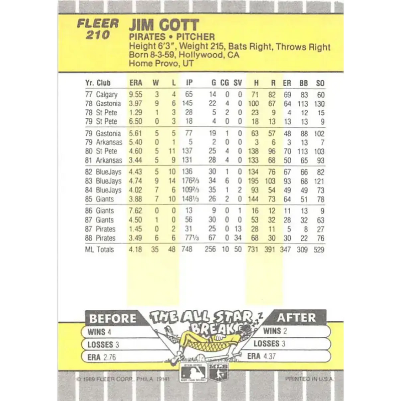 1989 Fleer #210 Jim Gott EX Excellent Pittsburgh Pirates Baseball Card - Baseball Card Single