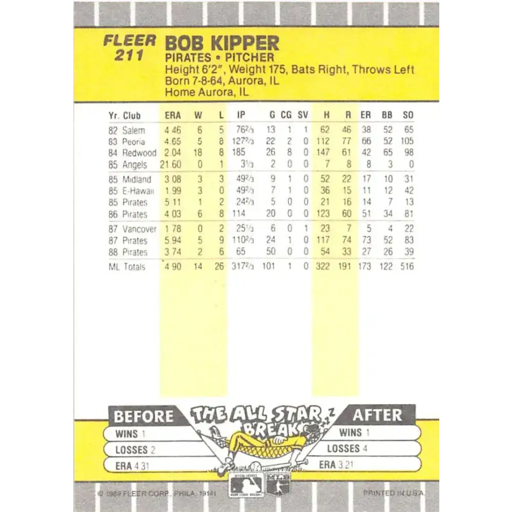 1989 Fleer #211 Bob Kipper EX Excellent Pittsburgh Pirates Baseball Card - Baseball Card Single