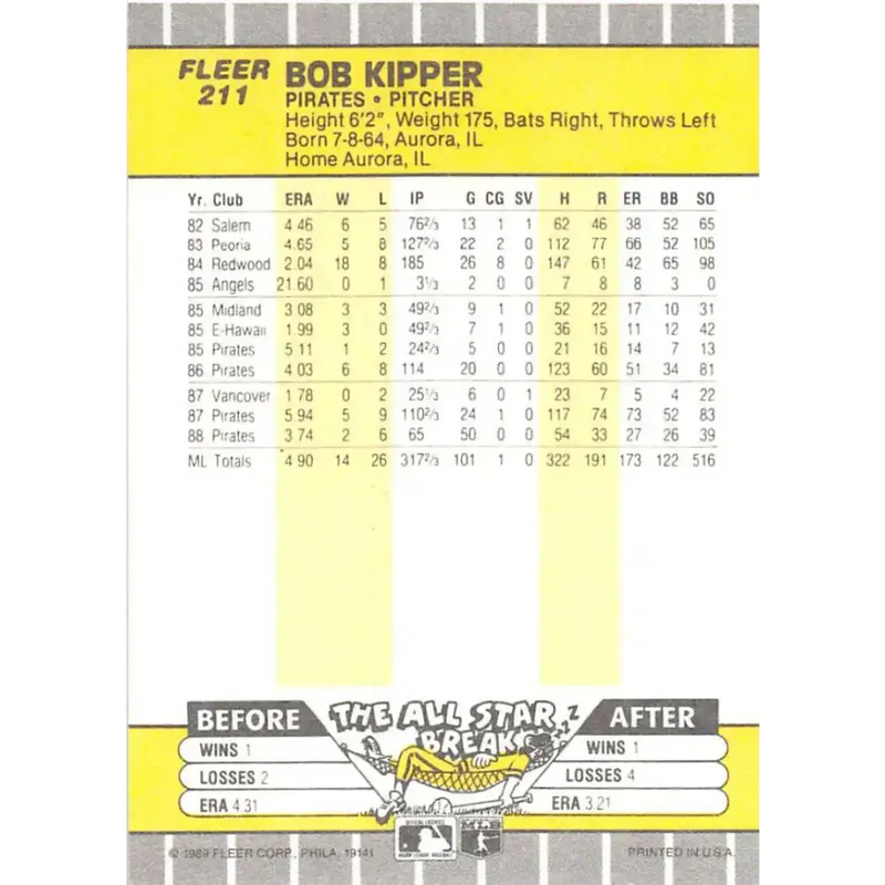 1989 Fleer #211 Bob Kipper EX Excellent Pittsburgh Pirates Baseball Card - Baseball Card Single