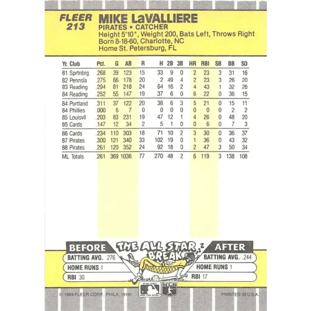 1989 Fleer #213 Mike LaValliere EX Excellent Pittsburgh Pirates Baseball Card - Baseball Card Single
