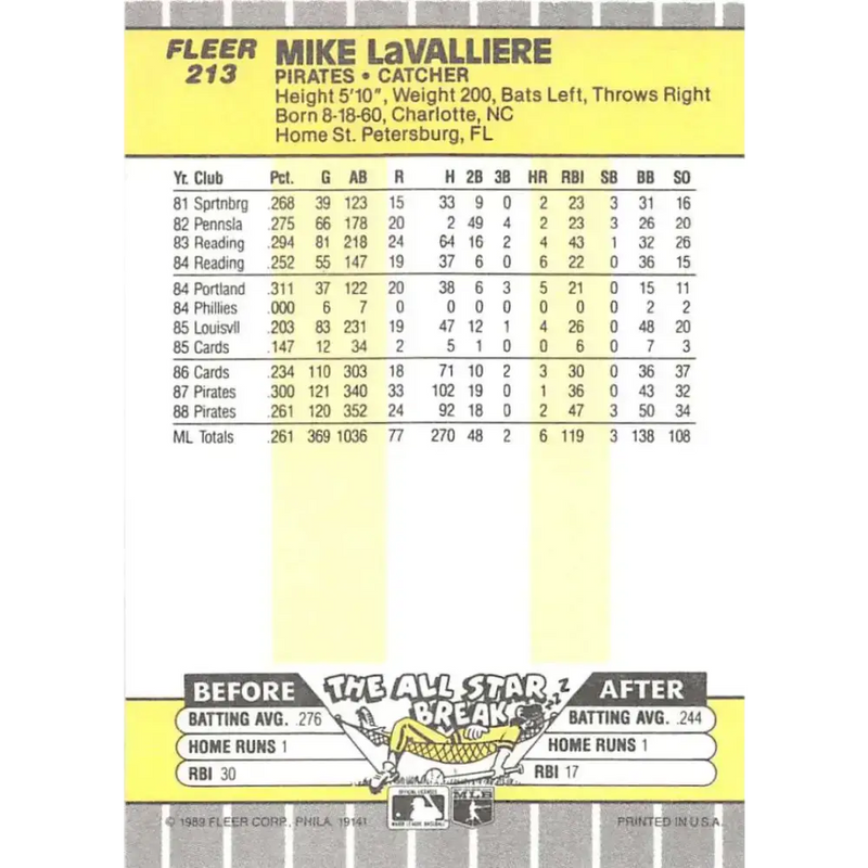 1989 Fleer #213 Mike LaValliere EX Excellent Pittsburgh Pirates Baseball Card - Baseball Card Single