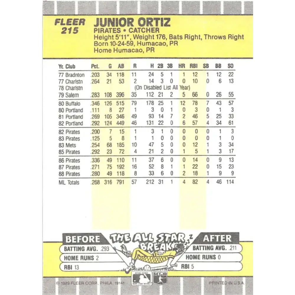 1989 Fleer #215 Junior Ortiz EX Excellent Pittsburgh Pirates Baseball Card - Baseball Card Single