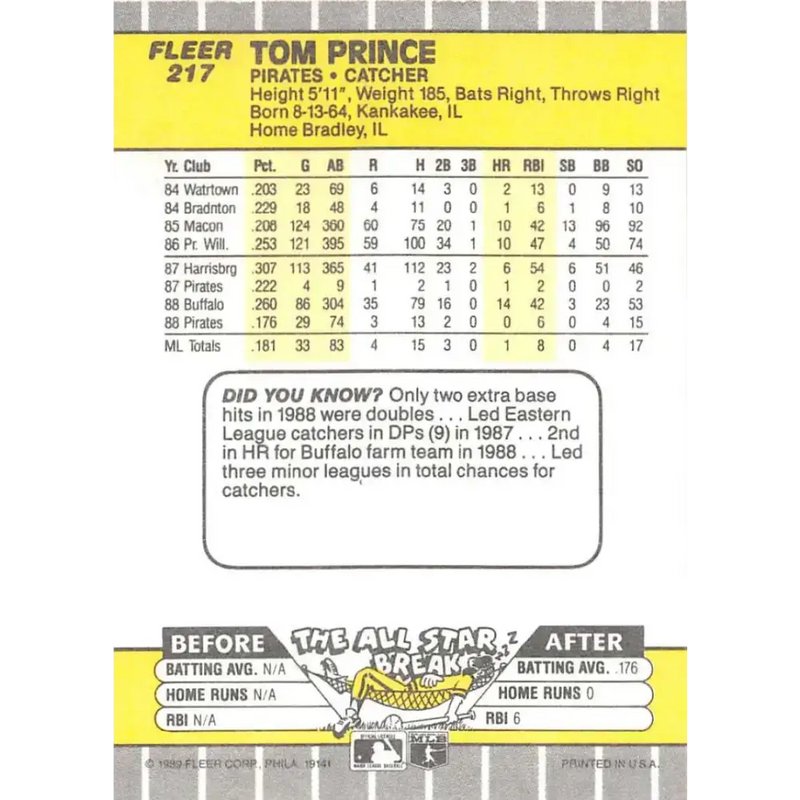 1989 Fleer #217 Tom Prince EX Excellent Pittsburgh Pirates Baseball Card - Baseball Card Single