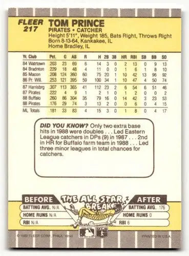 Tom Prince Pittsburgh Pirates baseball card from 1989 Fleer set, NM near mint