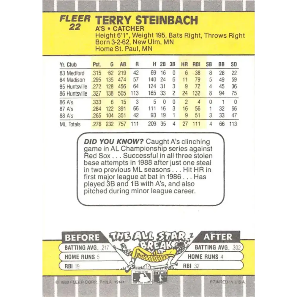1989 Fleer #22 Terry Steinbach EX Excellent Oakland Athletics Baseball Card - Baseball Card Single