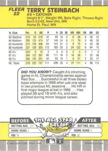 1989 Fleer #22 Terry Steinbach NM-MT Athletics - Baseball Card Single