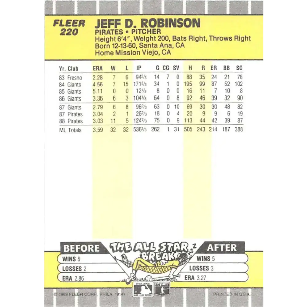 1989 Fleer #220 Jeff Robinson EX Excellent Pittsburgh Pirates Baseball Card - Baseball Card Single