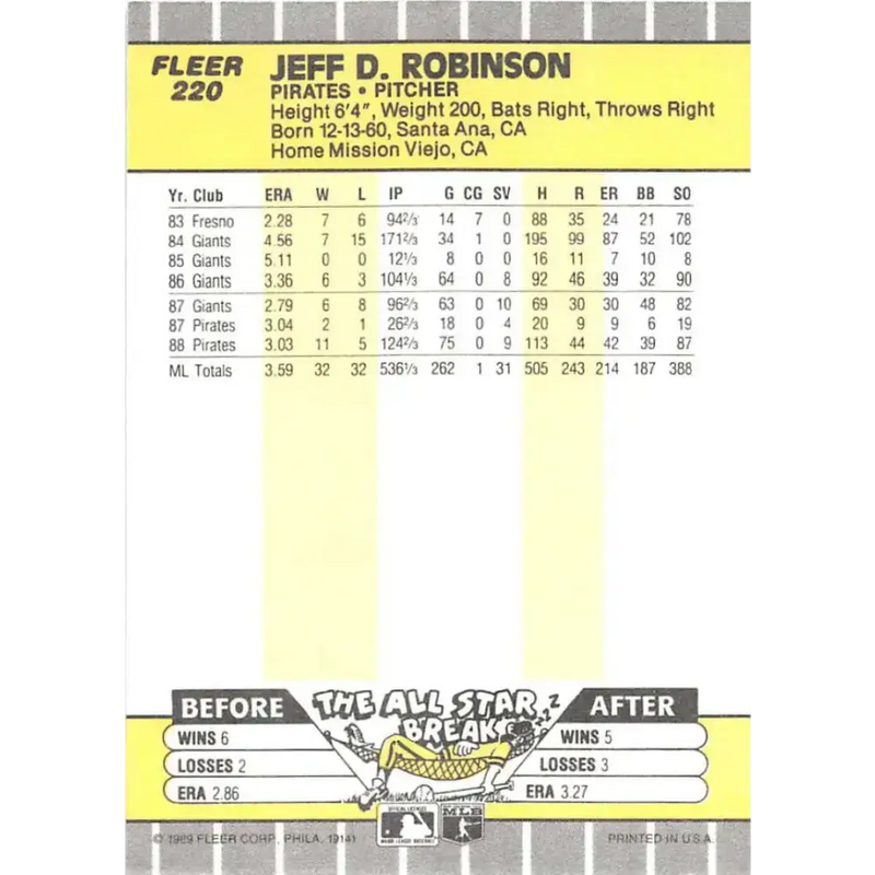 1989 Fleer #220 Jeff Robinson EX Excellent Pittsburgh Pirates Baseball Card - Baseball Card Single