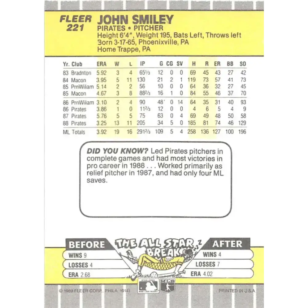 1989 Fleer #221 John Smiley EX Excellent Pittsburgh Pirates Baseball Card - Baseball Card Single