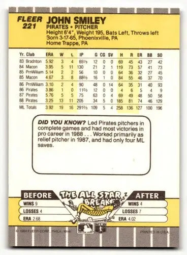 John Smiley Pittsburgh Pirates baseball card from 1989 Fleer #221, NM condition