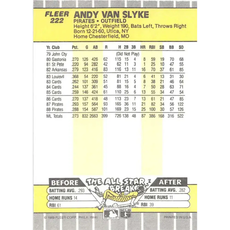 1989 Fleer #222 Andy Van Slyke EX Excellent Pittsburgh Pirates Baseball Card - Baseball Card Single