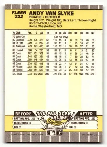 Original gloss Andy Van Slyke baseball card from 1989 Fleer #222 Pittsburgh Pirates