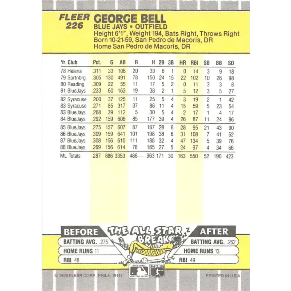 1989 Fleer #226 George Bell EX Excellent Toronto Blue Jays Baseball Card - Baseball Card Single