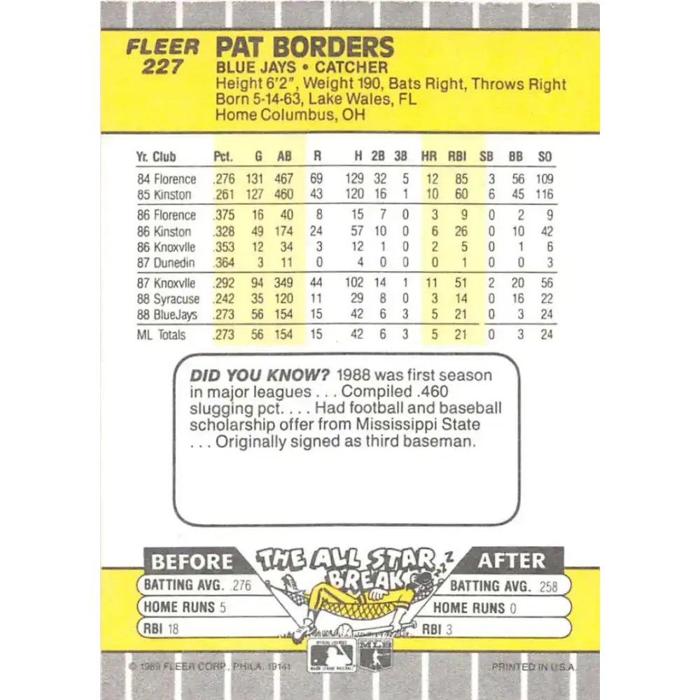1989 Fleer #227 Pat Borders EX Excellent RC Rookie Toronto Blue Jays Baseball Card - Baseball Card Single