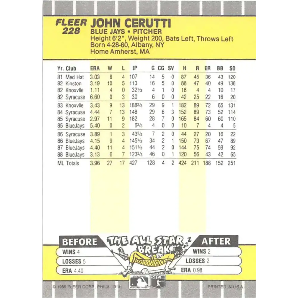 1989 Fleer #228 John Cerutti EX Excellent Toronto Blue Jays Baseball Card - Baseball Card Single