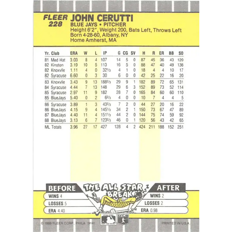 1989 Fleer #228 John Cerutti EX Excellent Toronto Blue Jays Baseball Card - Baseball Card Single