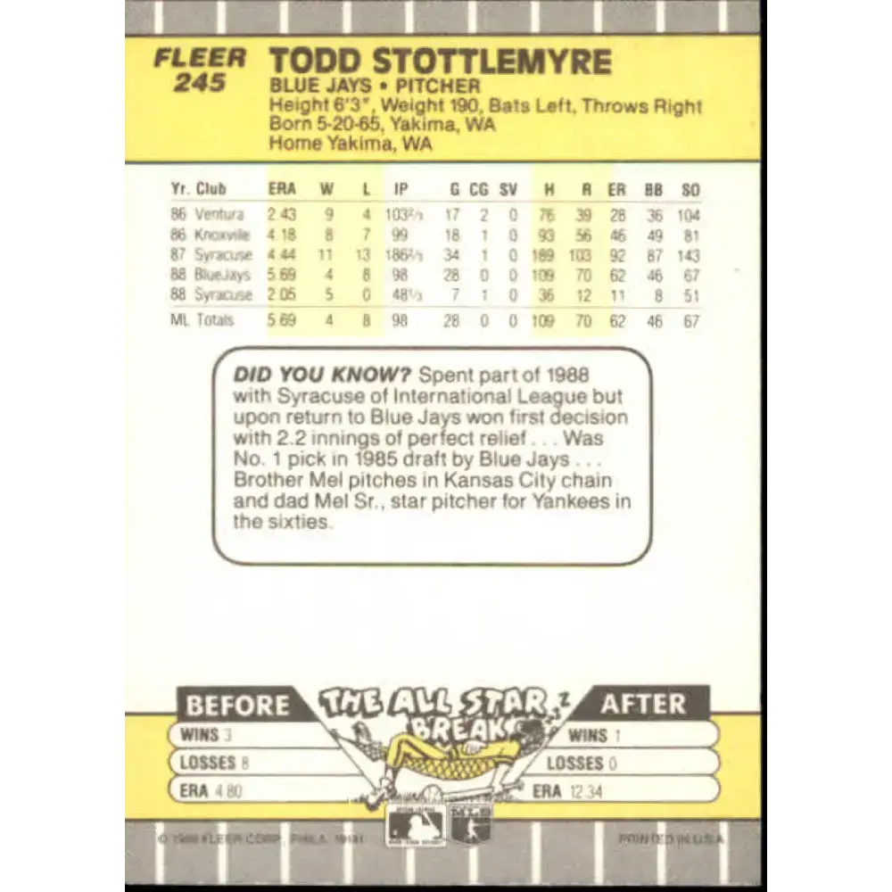 1989 Fleer #245 Todd Stottlemyre EX Excellent Toronto Blue Jays Baseball Card - Baseball Card Single