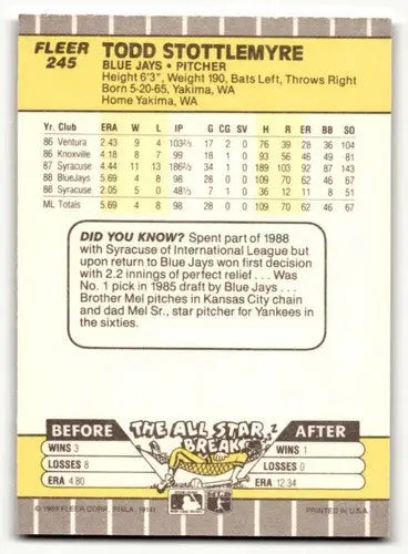 Todd Stottlemyre Toronto Blue Jays baseball card from 1989 Fleer #245 collection
