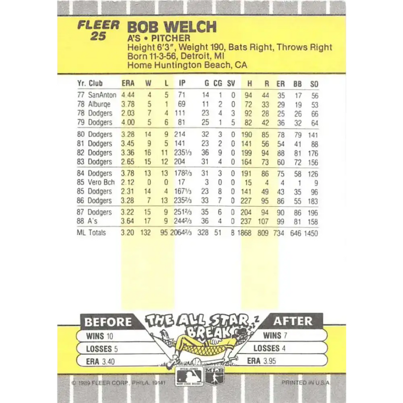 1989 Fleer #25 Bob Welch EX Excellent Oakland Athletics Baseball Card - Baseball Card Single