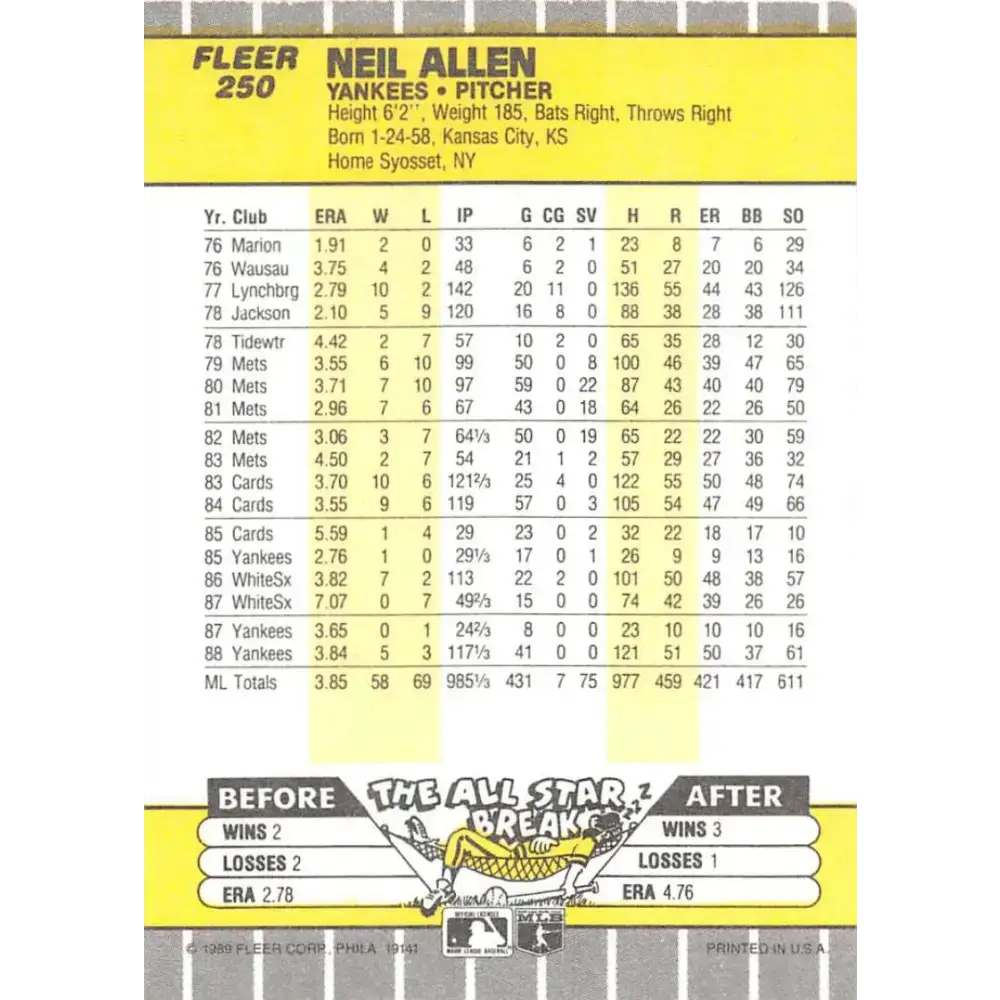 1989 Fleer #250b Neil Allen EX Excellent New York Yankees Baseball Card - Baseball Card Single