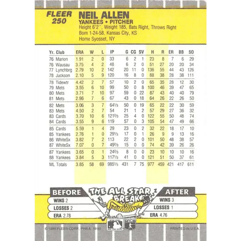 1989 Fleer #250b Neil Allen EX Excellent New York Yankees Baseball Card - Baseball Card Single