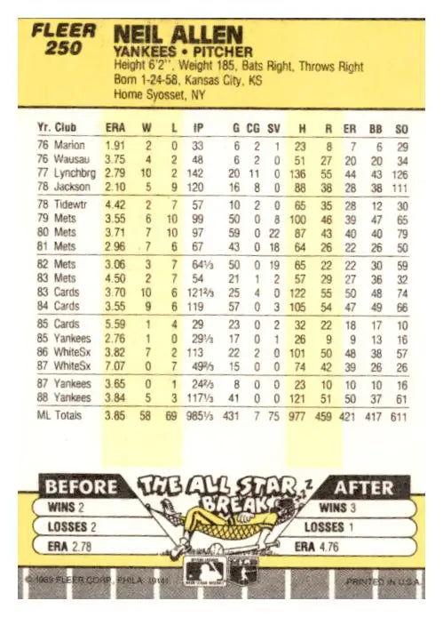 1989 Fleer #250b Neil Allen - Baseball Card Single