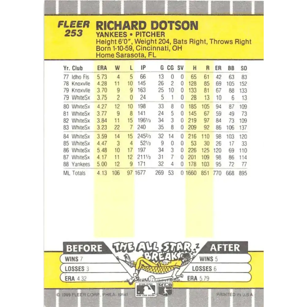 1989 Fleer #253 Richard Dotson EX Excellent New York Yankees Baseball Card - Baseball Card Single