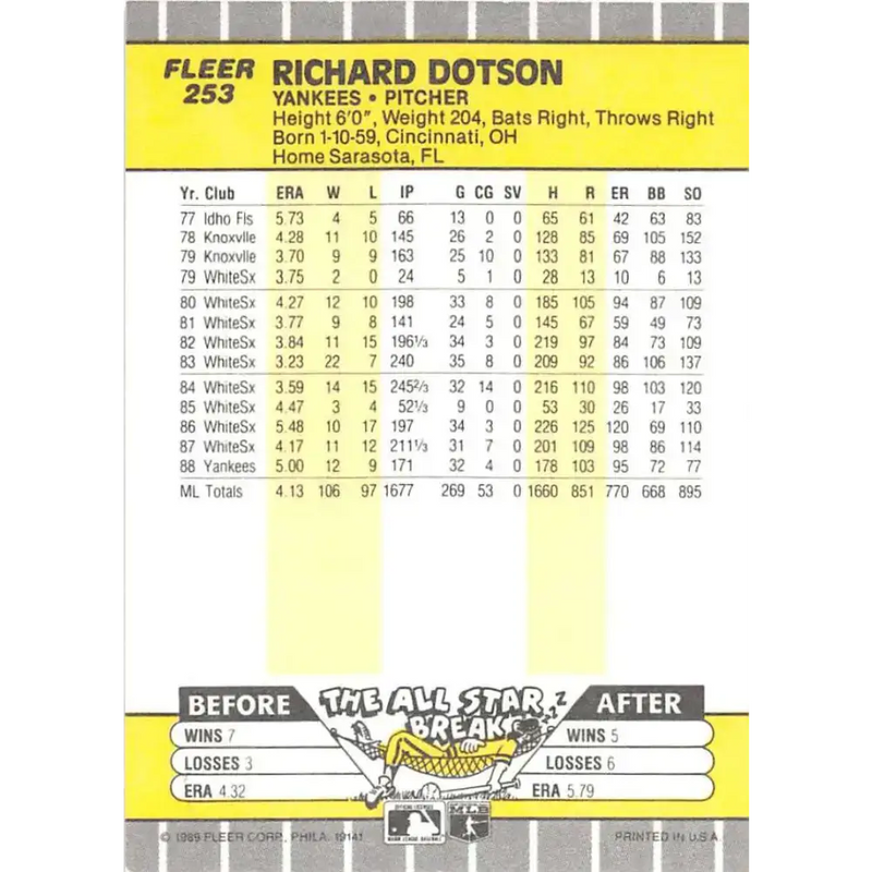 1989 Fleer #253 Richard Dotson EX Excellent New York Yankees Baseball Card - Baseball Card Single