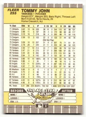 Tommy John Yankees baseball card with original gloss from 1989 Fleer #255