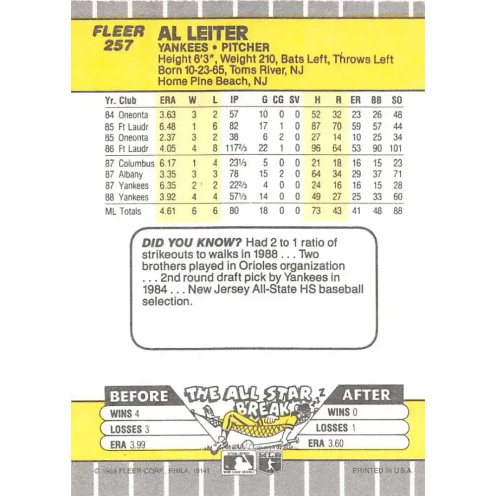 1989 Fleer #257 Al Leiter EX Excellent New York Yankees Baseball Card - Baseball Card Single