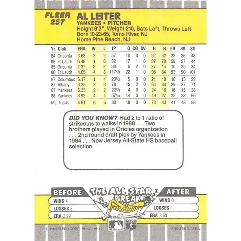1989 Fleer #257 Al Leiter EX Excellent New York Yankees Baseball Card - Baseball Card Single
