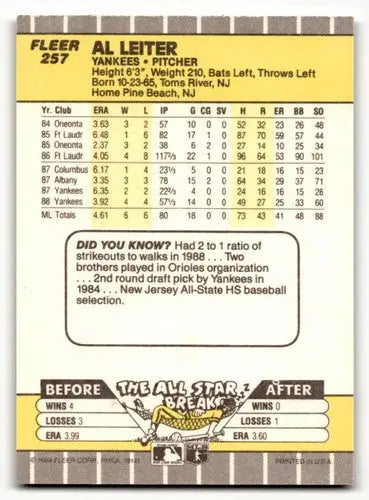 Original gloss 1989 Fleer Al Leiter Yankees baseball cards featuring New York Yankees baseball team
