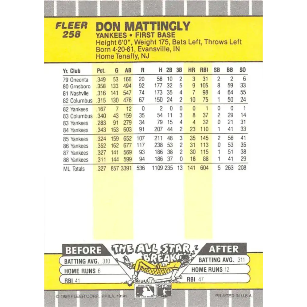 1989 Fleer #258 Don Mattingly EX Excellent New York Yankees Baseball Card - Baseball Card Single