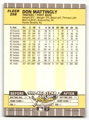 Original gloss Don Mattingly Yankees baseball card from 1989 Fleer #258