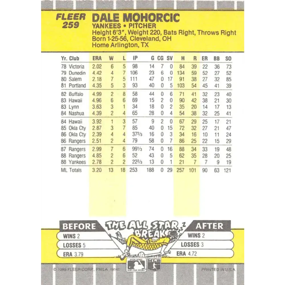 1989 Fleer #259 Dale Mohorcic EX Excellent New York Yankees Baseball Card - Baseball Card Single