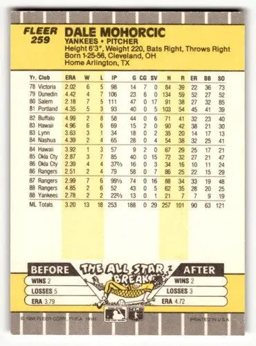 Original gloss Dale Mohorcic Yankees baseball card from 1989 Fleer #259
