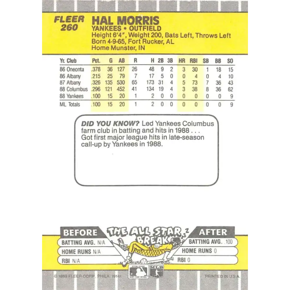 1989 Fleer #260 Hal Morris EX Excellent RC Rookie New York Yankees Baseball Card - Baseball Card Single