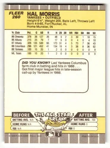 1989 Fleer #260 Hal Morris New York Yankees Baseball Cards NM Near M ID:54305 - Baseball Card Single