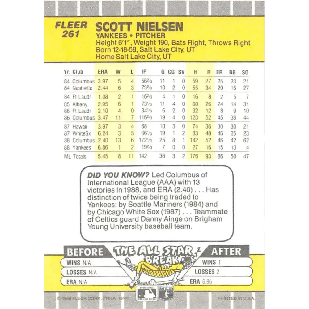1989 Fleer #261 Scott Nielsen EX Excellent New York Yankees Baseball Card - Baseball Card Single