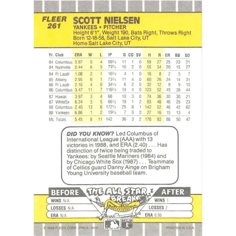 1989 Fleer #261 Scott Nielsen EX Excellent New York Yankees Baseball Card - Baseball Card Single