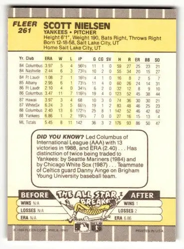 Original gloss Scott Nielsen Yankees baseball card from 1989 Fleer #261 NM ID54306