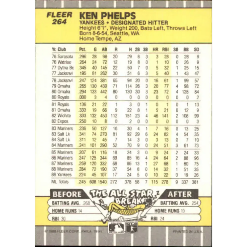 1989 Fleer #264 Ken Phelps EX Excellent New York Yankees Baseball Card - Baseball Card Single