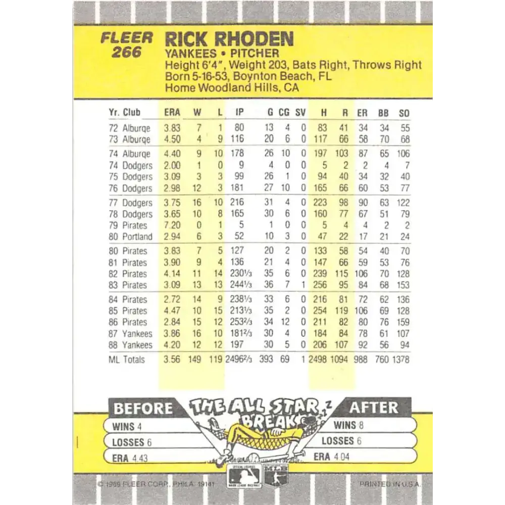 1989 Fleer #266 Rick Rhoden EX Excellent New York Yankees Baseball Card - Baseball Card Single