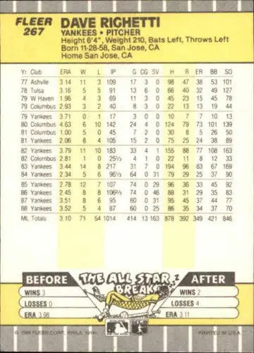 1989 Fleer #267 Dave Righetti NM-MT Yankees - Baseball Card Single