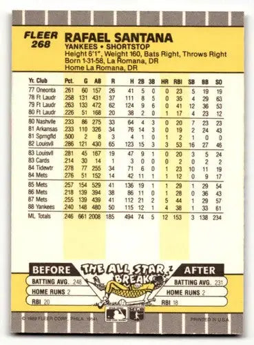 Rafael Santana Yankees baseball card with original gloss from 1989 Fleer series