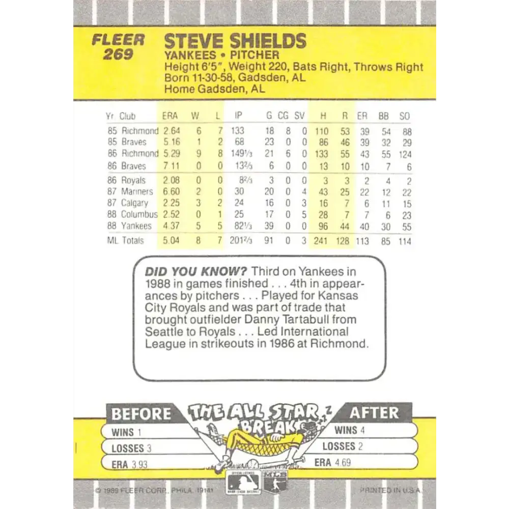 1989 Fleer #269 Steve Shields EX Excellent New York Yankees Baseball Card - Baseball Card Single