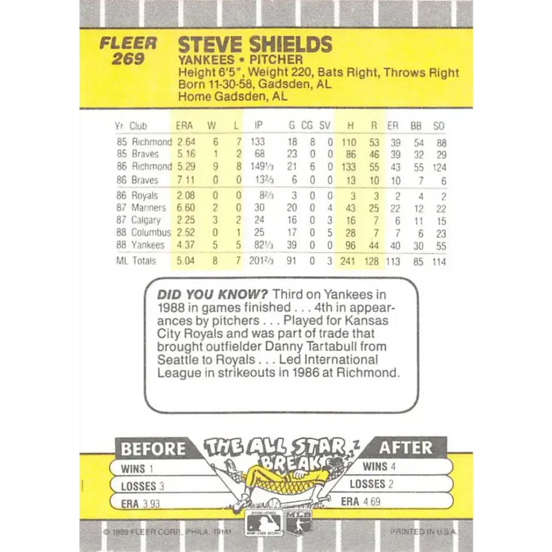 1989 Fleer #269 Steve Shields EX Excellent New York Yankees Baseball Card - Baseball Card Single
