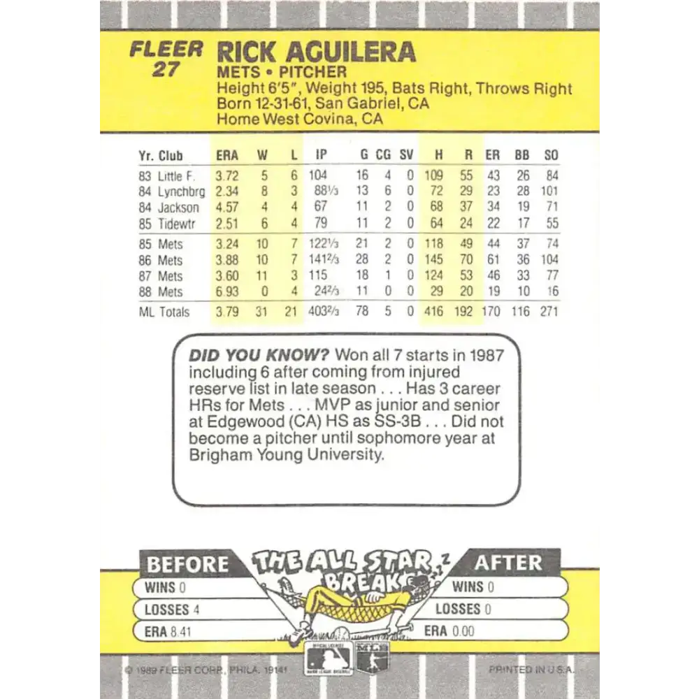 1989 Fleer #27 Rick Aguilera EX Excellent New York Mets Baseball Card - Baseball Card Single