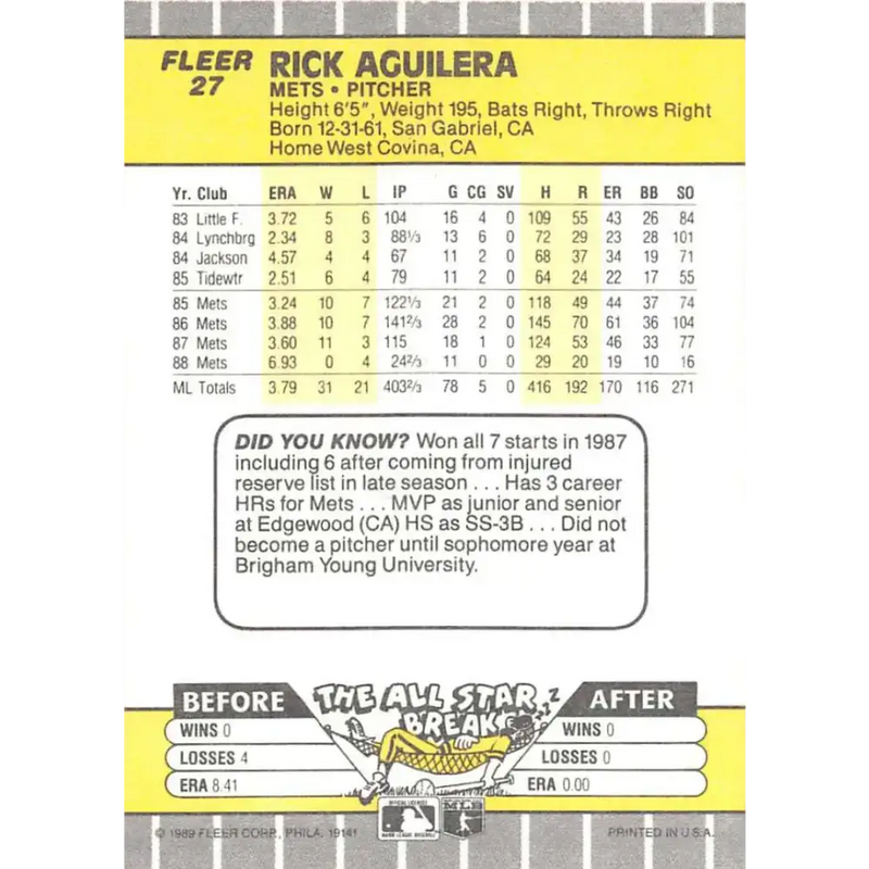 1989 Fleer #27 Rick Aguilera EX Excellent New York Mets Baseball Card - Baseball Card Single